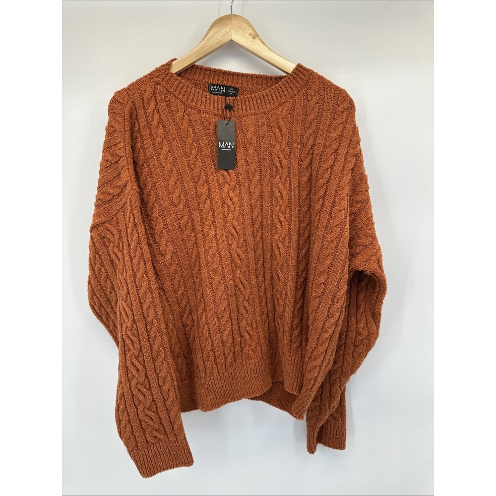 boohooMAN Boucle Cable Knit Crew Neck Oversized SIZE XSMALL